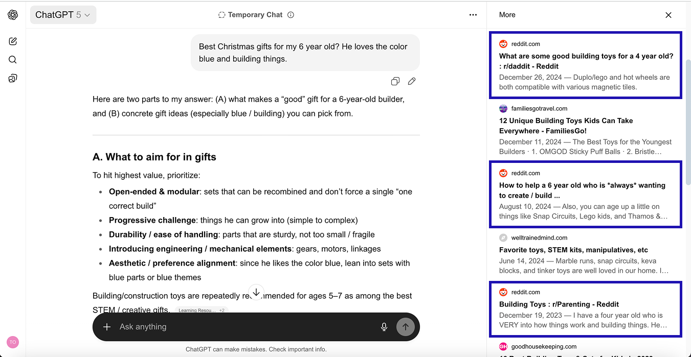 ChatGPT showing Reddit citations for Christmas gift recommendations